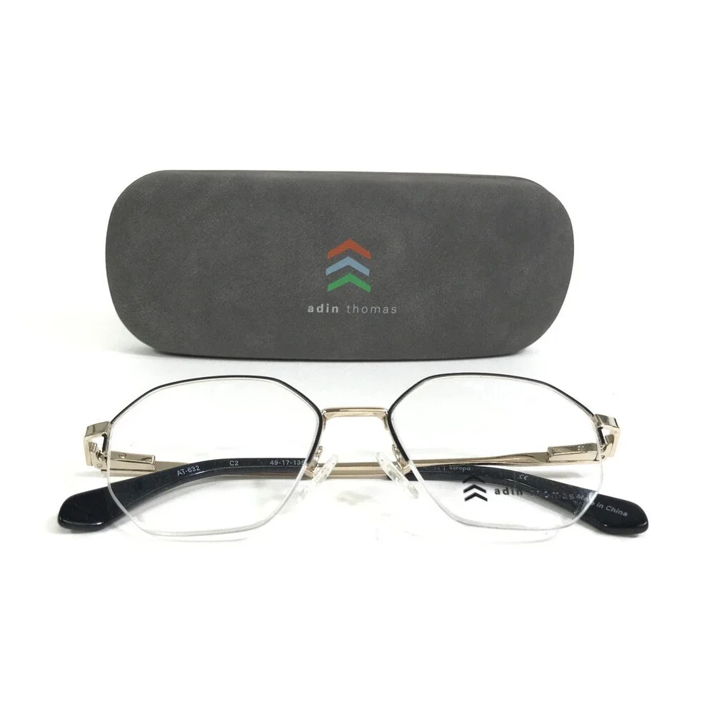 Adin Thomas Eyeglasses Frames AT-632 C2 Black Gold Hexagonal Wire Rim 49-17-135